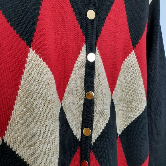 Vintage Argyle Cardigan, Size M. Red Black Gold Retro Holiday Button Up Lisa J - Picture 4 of 7